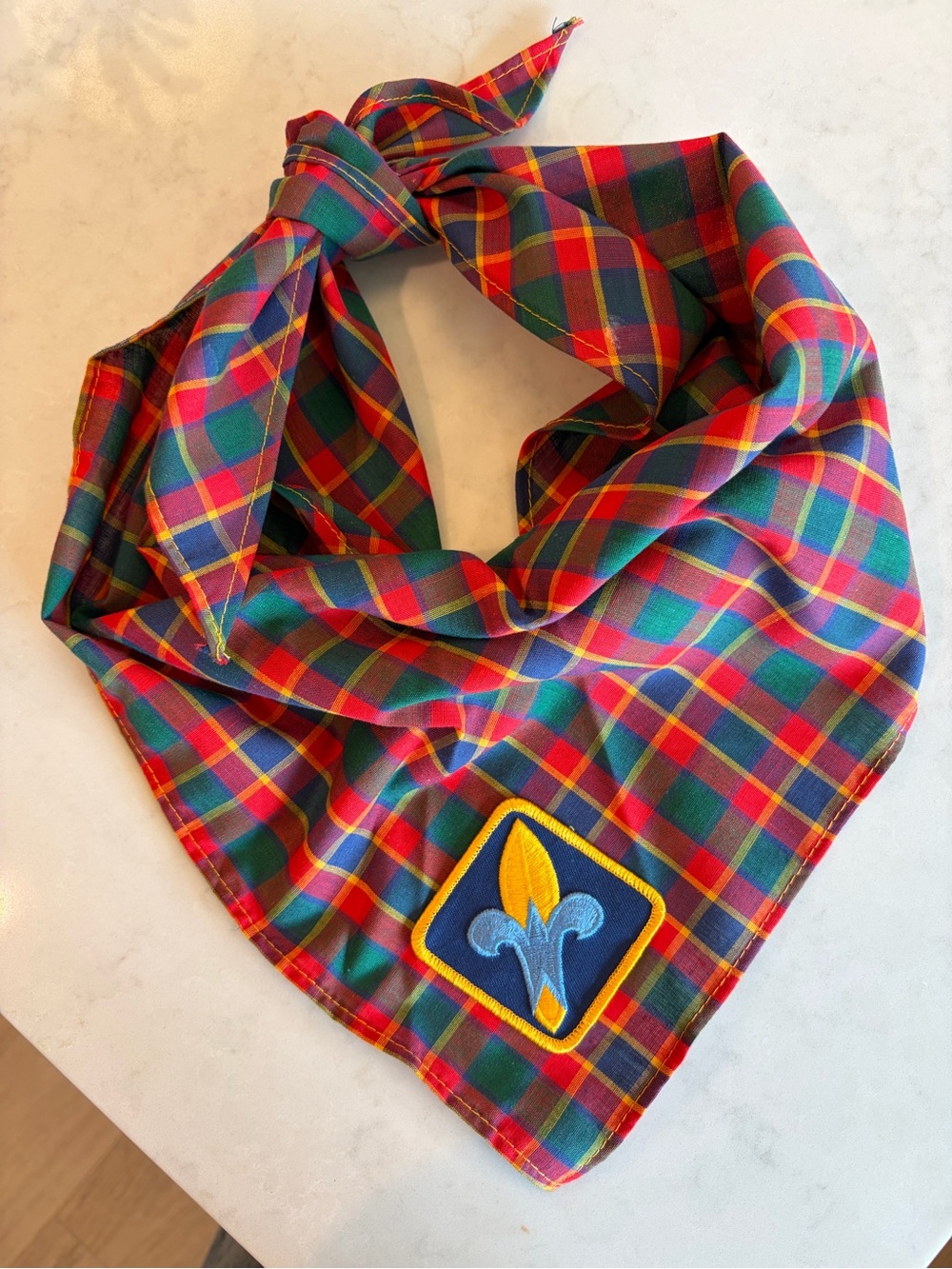 Vintage Boy Scouts Tartan Plaid Neckerchief Scarf w/ Fleur De Lis Patch
